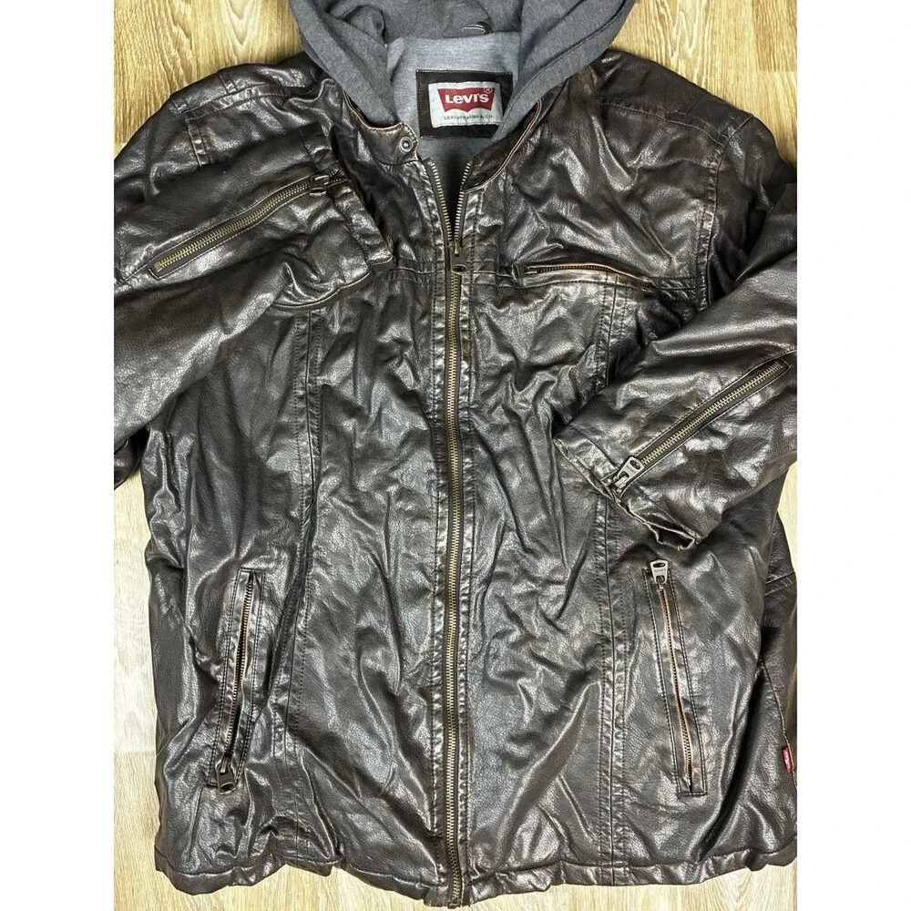 Levis Leather Jacket Mens Size XL Black Solid Hooded Full Zip Collared Polyester